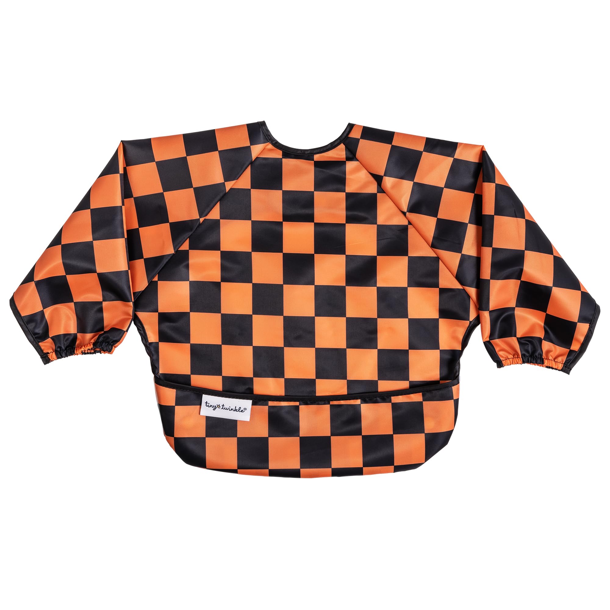 Tiny Twinkle long sleeve bib in orange, front view, showing waterproof protection for messy meals.