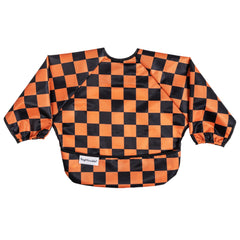 Tiny Twinkle long sleeve bib in orange, front view, showing waterproof protection for messy meals.