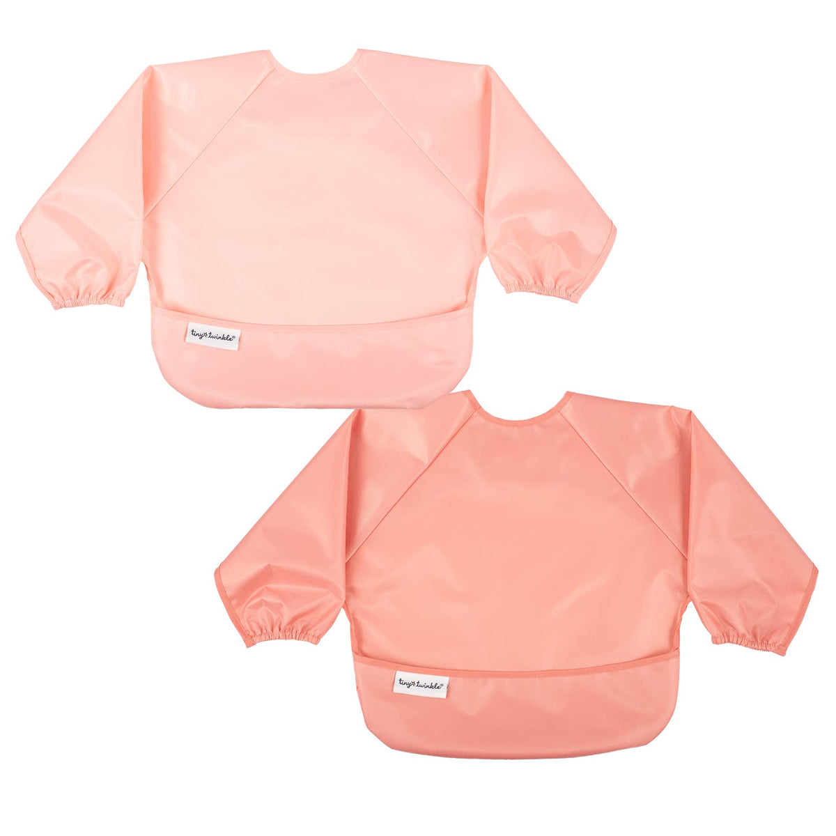 Tiny Twinkle long-sleeve bib Peach Terracotta front view shows comprehensive mess protection during meals