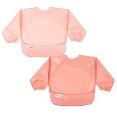 Tiny Twinkle long-sleeve bib Peach Terracotta front view shows comprehensive mess protection during meals