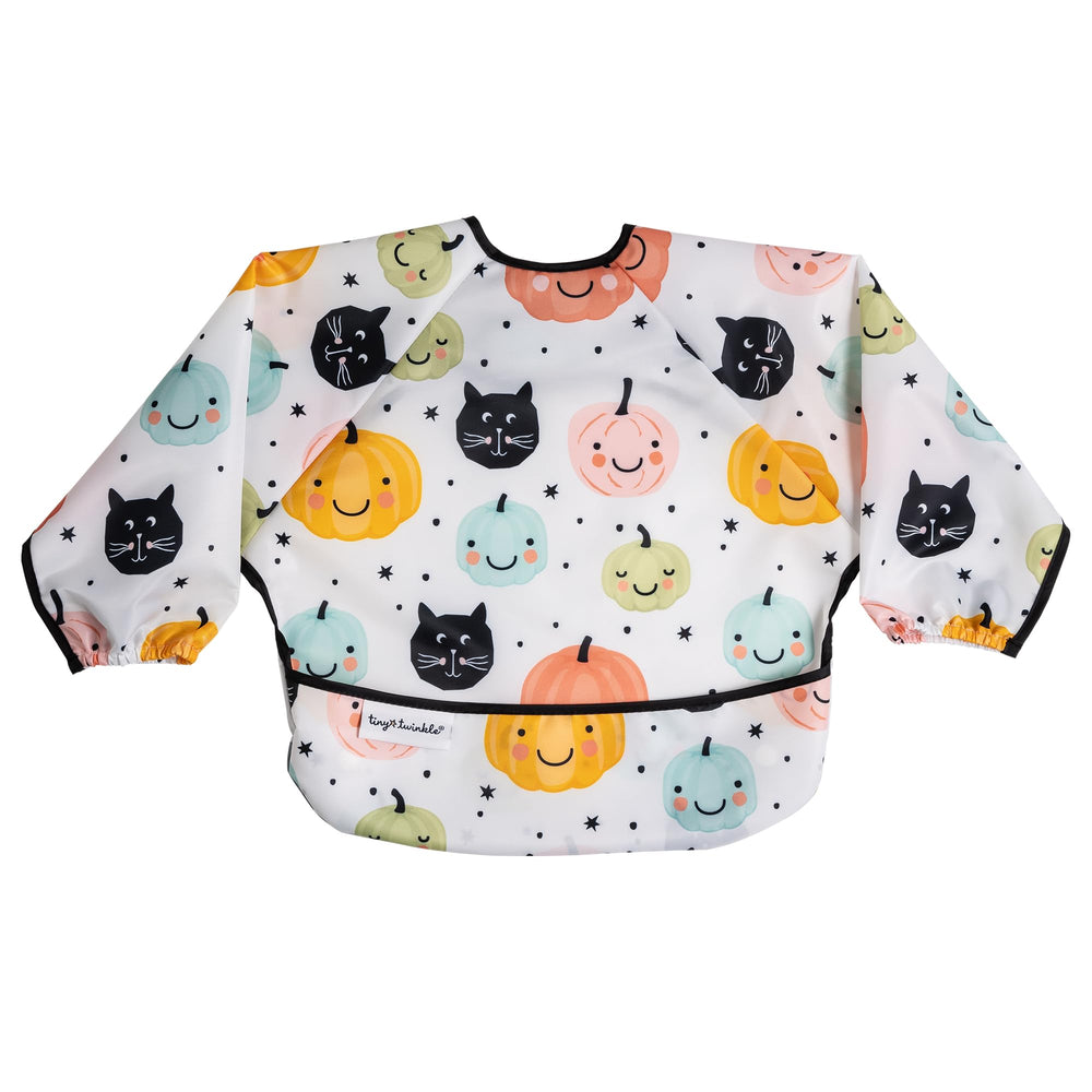 Tiny Twinkle long sleeve bib pumpkins front view shows full-coverage mess protection for mealtime