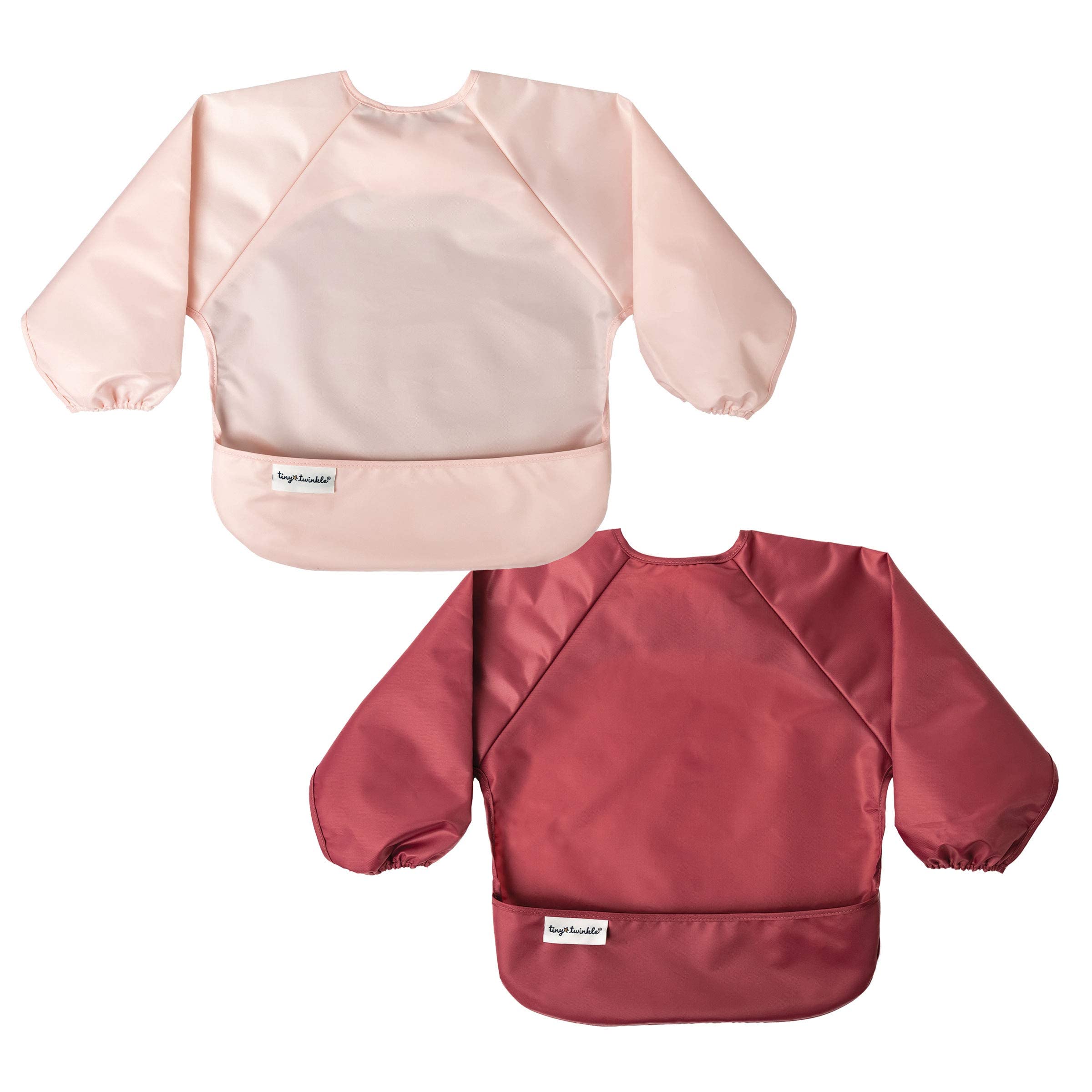 Tiny Twinkle long sleeve bib rose burgundy pair shot for mess-free meals.