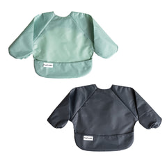 Tiny Twinkle long sleeve bib sage charcoal 2-pack main view shows waterproof protection during meals