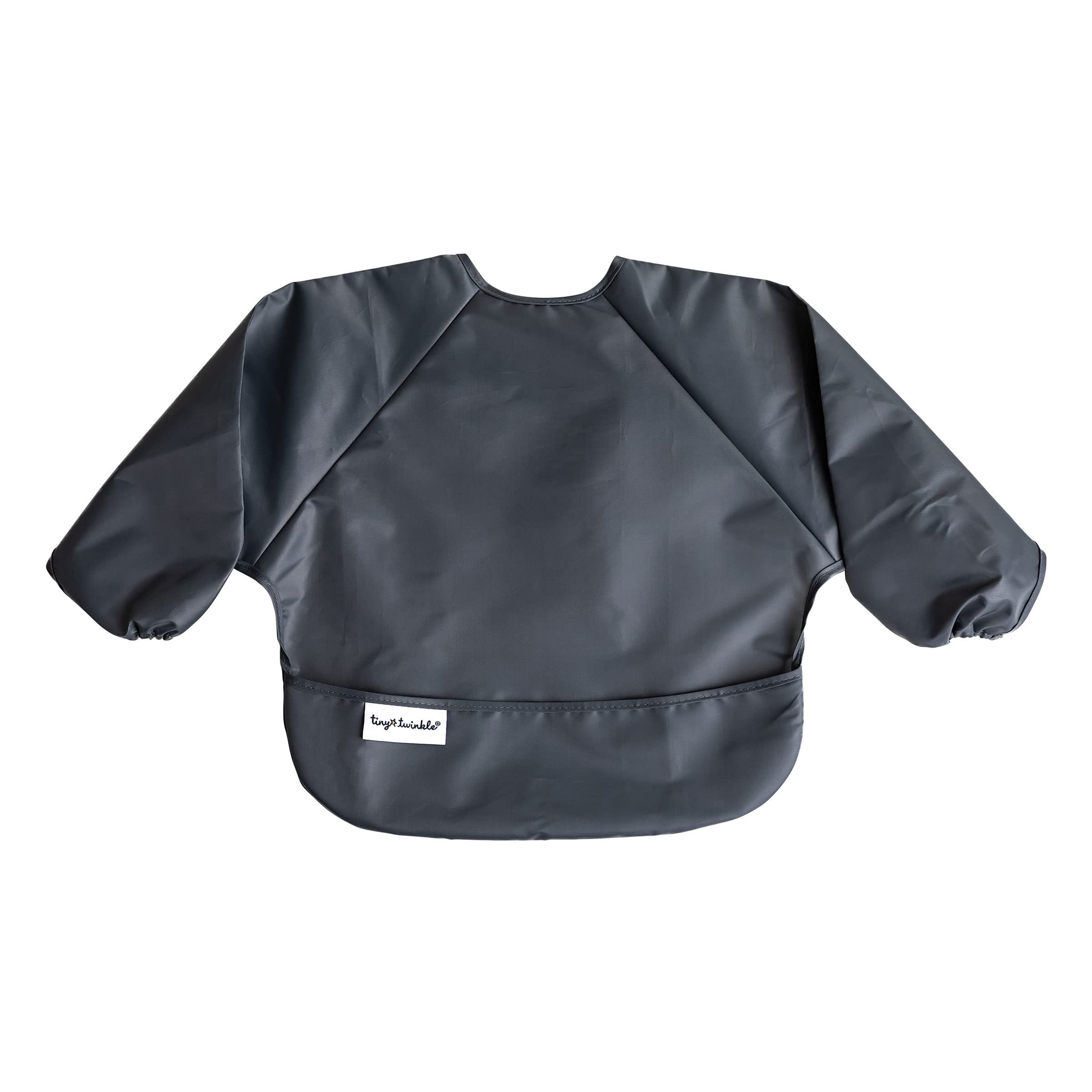 Tiny Twinkle long sleeve bib sage charcoal elastic cuffs keep sleeves in place.