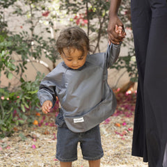 Tiny Twinkle long sleeve bib sage charcoal full-coverage design keeps clothes clean.