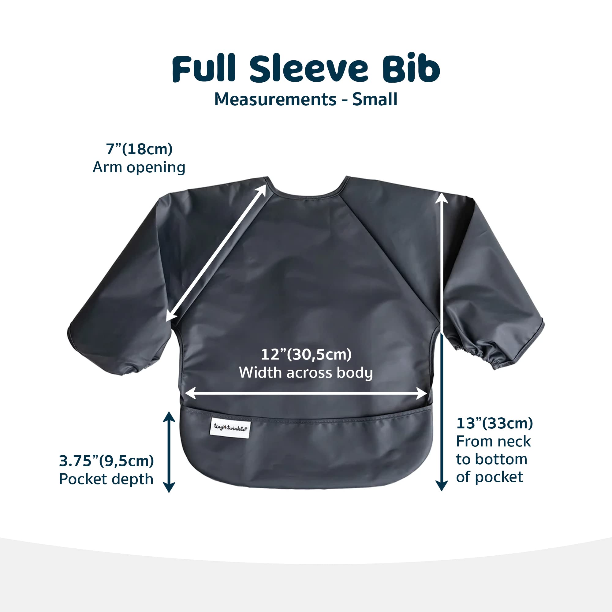 Tiny Twinkle long sleeve bib sage charcoal worn during mealtime demonstrates waterproof protection.
