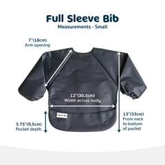 Tiny Twinkle long sleeve bib sage charcoal worn during mealtime demonstrates waterproof protection.