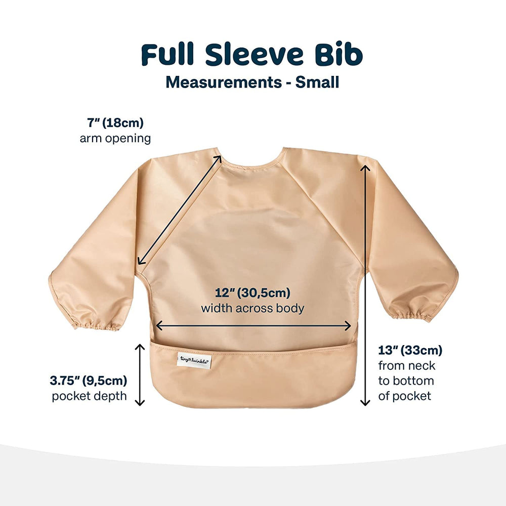 Tiny Twinkle long-sleeve bib sand cinnamon washable fabric supports easy machine washing after meals.