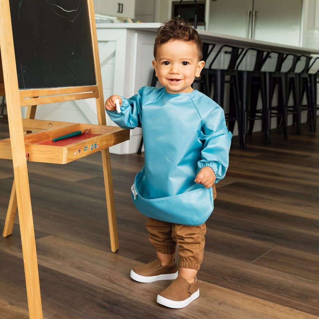 Tiny Twinkle long sleeve bib slate olive full coverage image illustrating mess protection