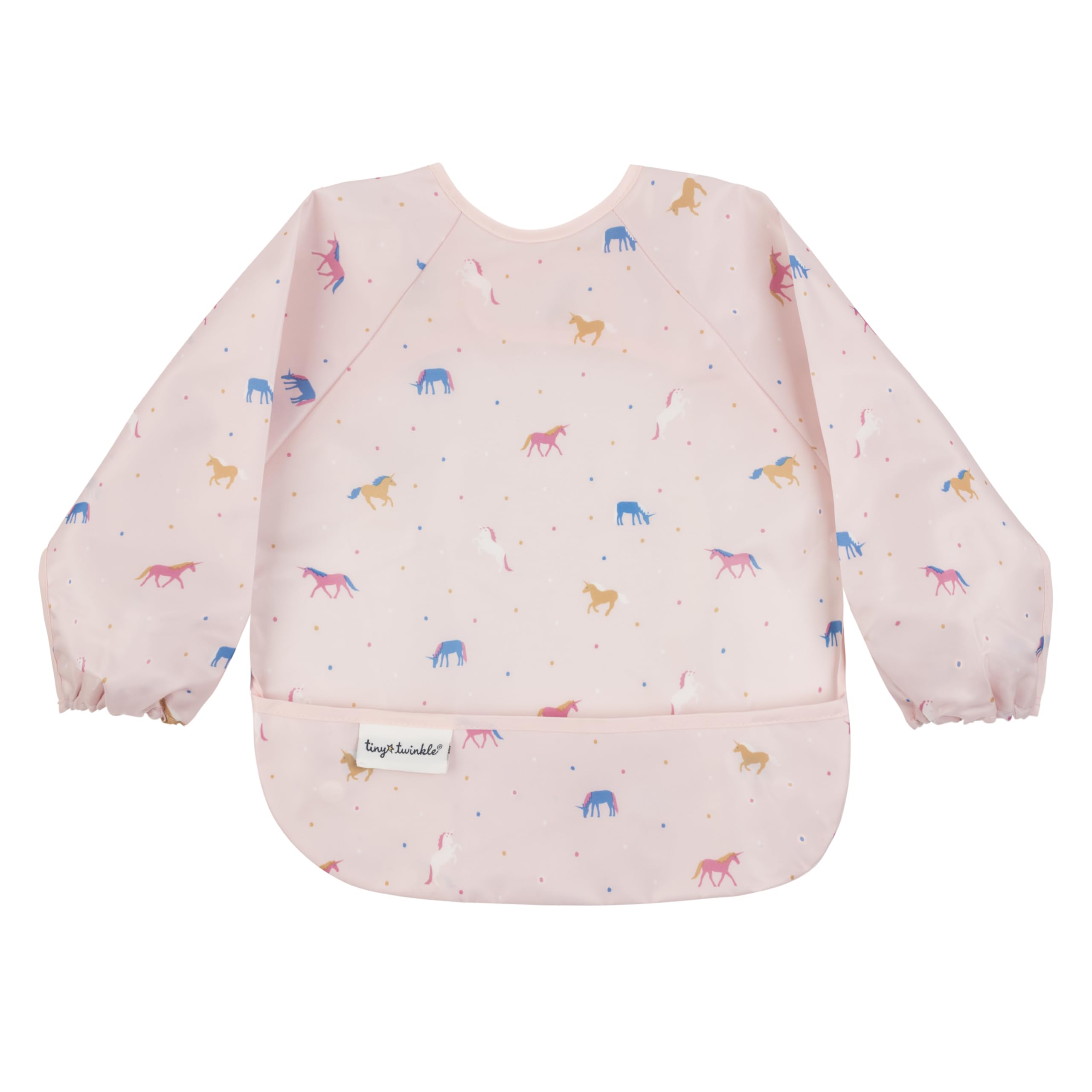 Tiny Twinkle long sleeve bib Unicorn Confetti close-up shows full coverage for messy feeds