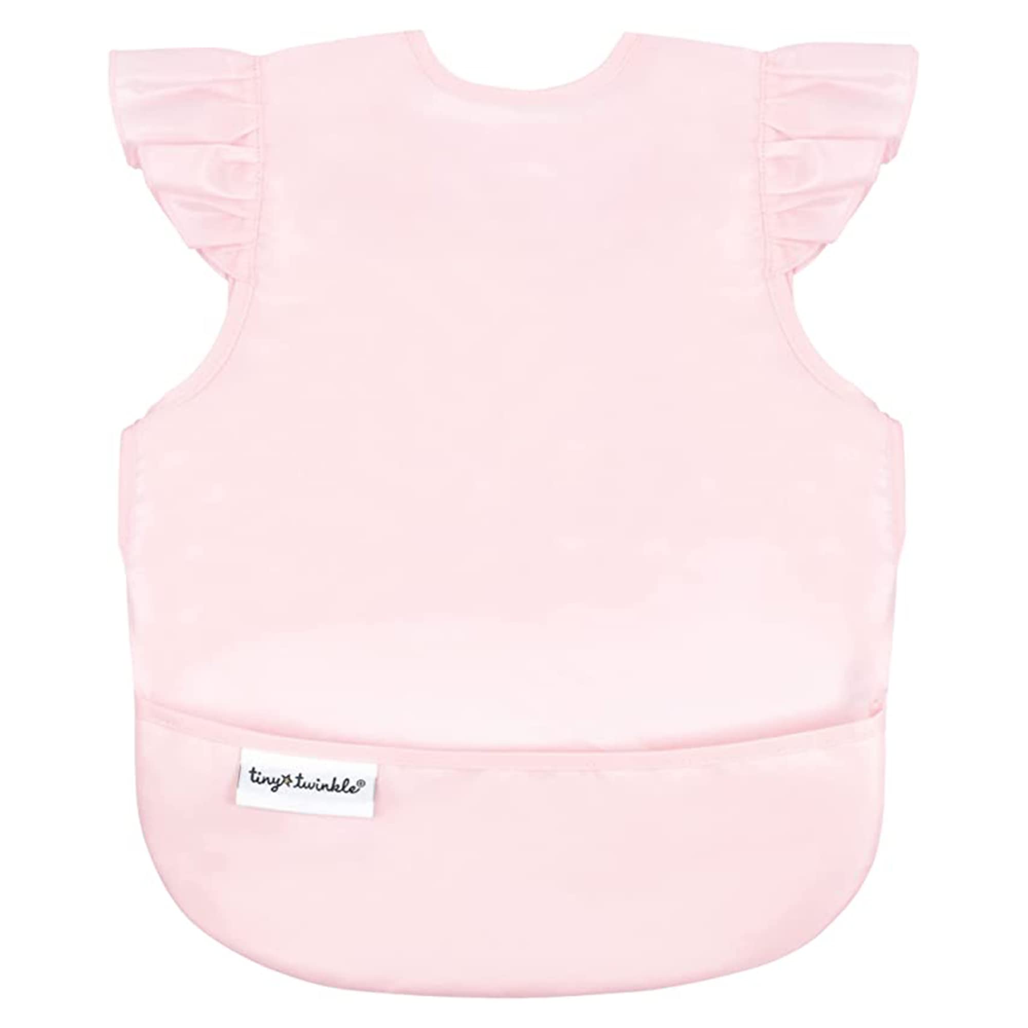 Tiny Twinkle Mess-Proof Baby Bib in rose on a toddler provides mess protection during meals.