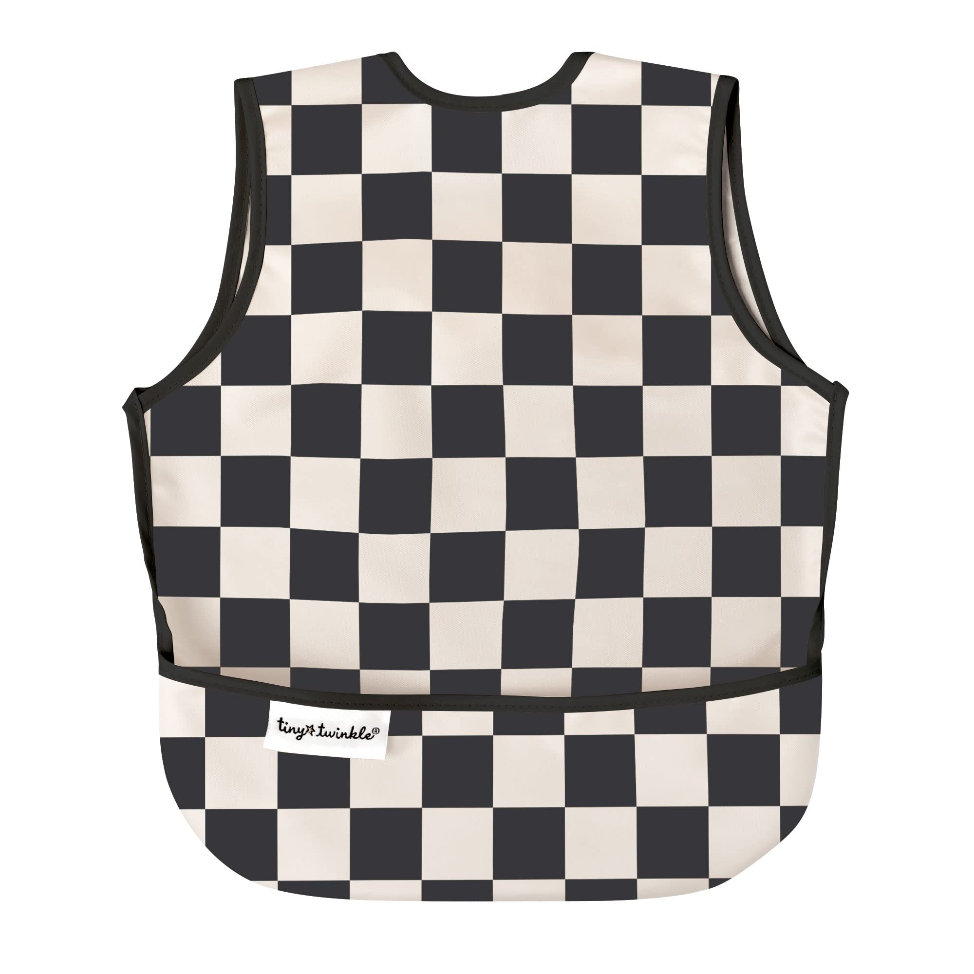 Tiny Twinkle Mess Proof Bib front view in black checkers keeps boys clean during meals.