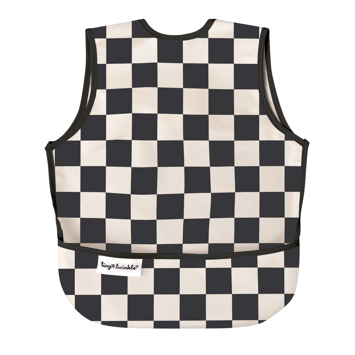 Tiny Twinkle Mess Proof Bib front view in black checkers keeps boys clean during meals.