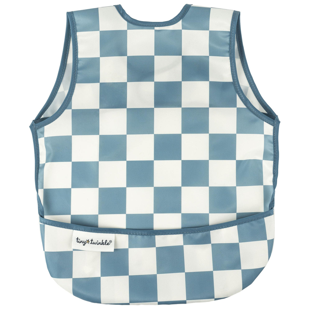 Tiny Twinkle mess-proof bib in blue checkers on a boy for reduced cleanup during meals.
