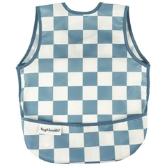 Tiny Twinkle mess-proof bib in blue checkers on a boy for reduced cleanup during meals.