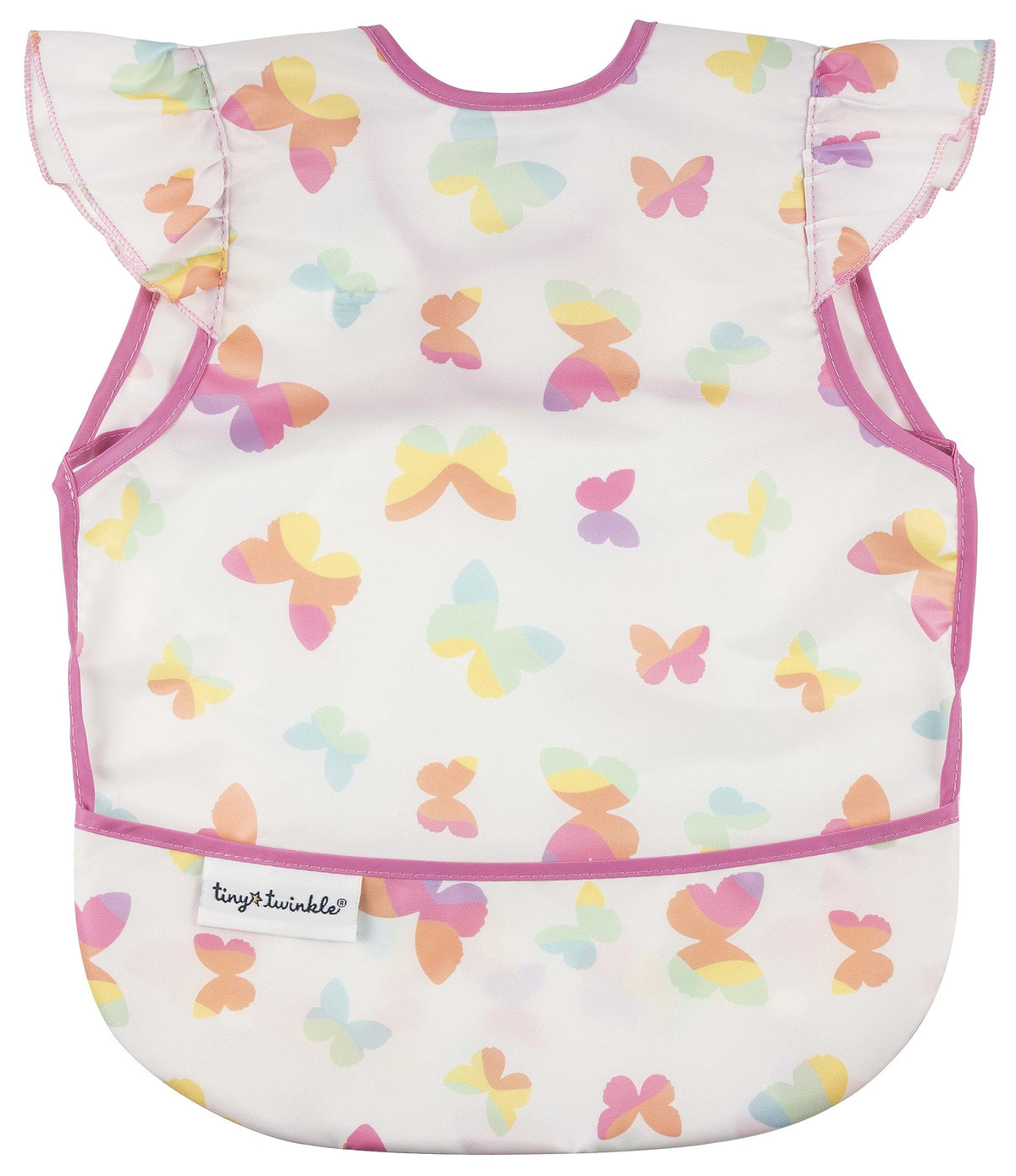 Tiny Twinkle mess-proof bib butterflies front view shows full-coverage protection during meals.
