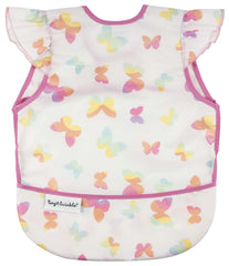 Tiny Twinkle mess-proof bib butterflies front view shows full-coverage protection during meals.