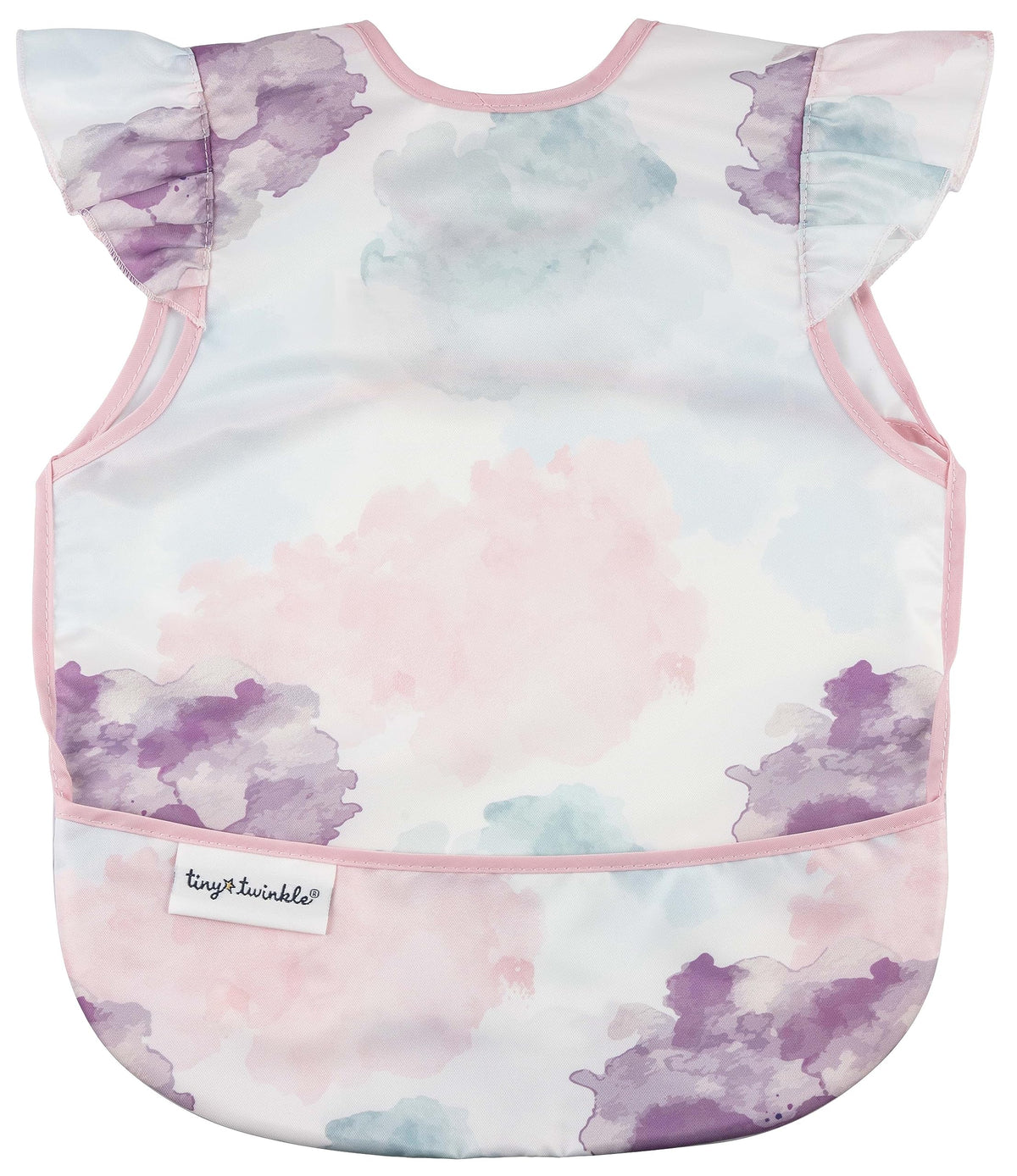 tiny twinkle mess proof bib cotton candy closeup highlights soft feel and spill-resistant backing.
