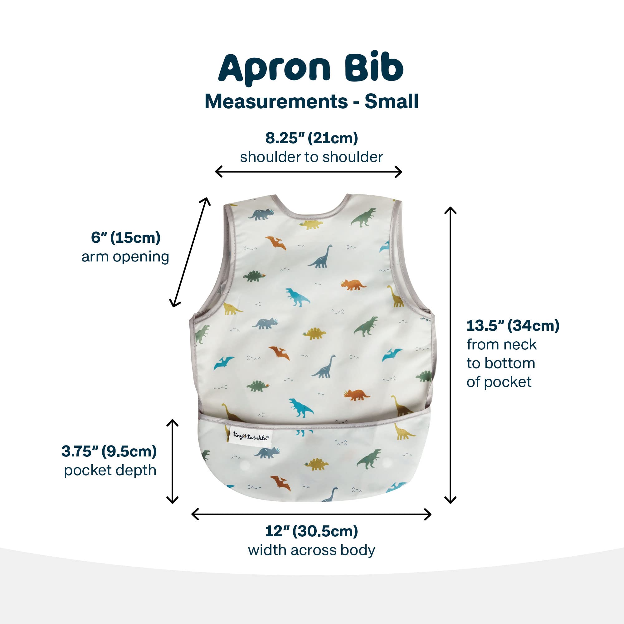 Tiny Twinkle mess-proof bib, adjustable closure for secure fit during growth.