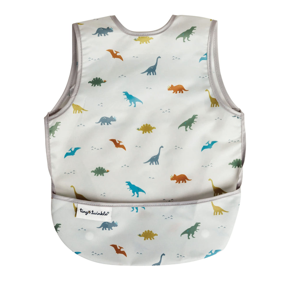 Tiny Twinkle mess-proof bib, dinosaur front view, showing waterproof protection during meals.