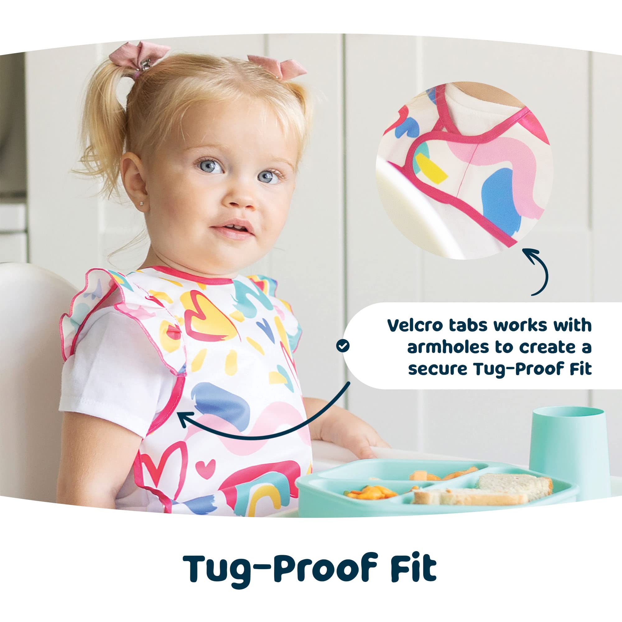 Tiny Twinkle mess-proof bib easy cleaning demonstrates wipe-down and machine-wash convenience.