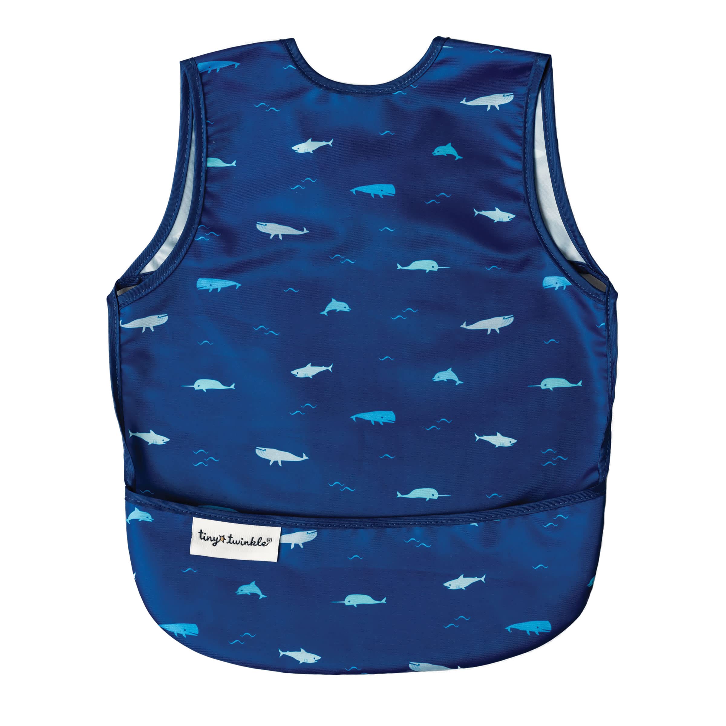 Tiny Twinkle Mess Proof Bib Ocean Life closeup shows waterproof coating for quick cleanup