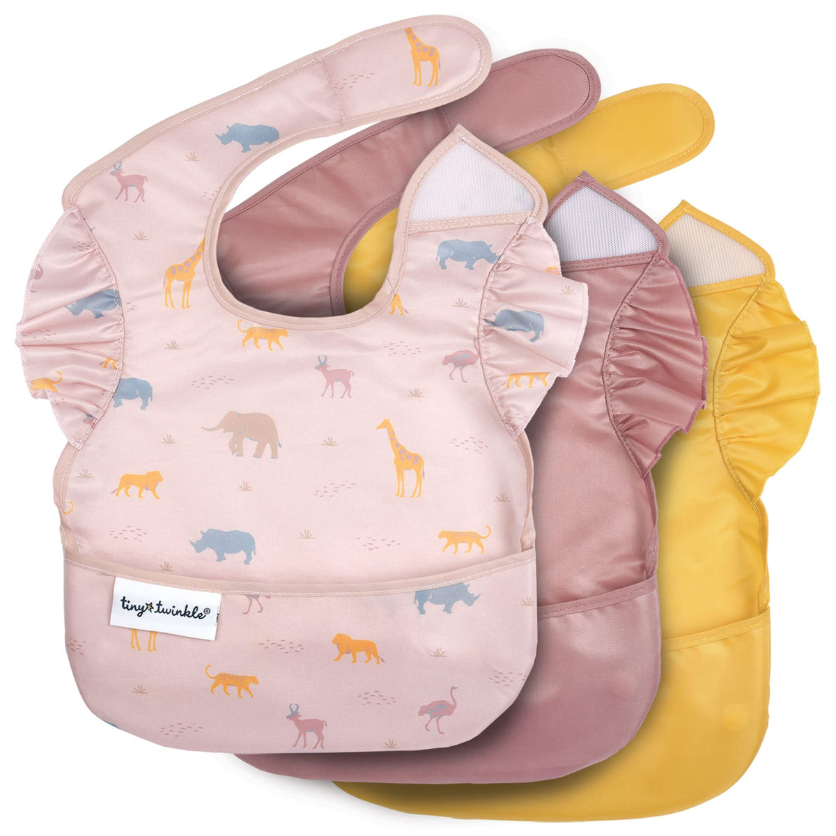 Tiny Twinkle mess-proof bib Safari catch-all pocket close-up for spill containment