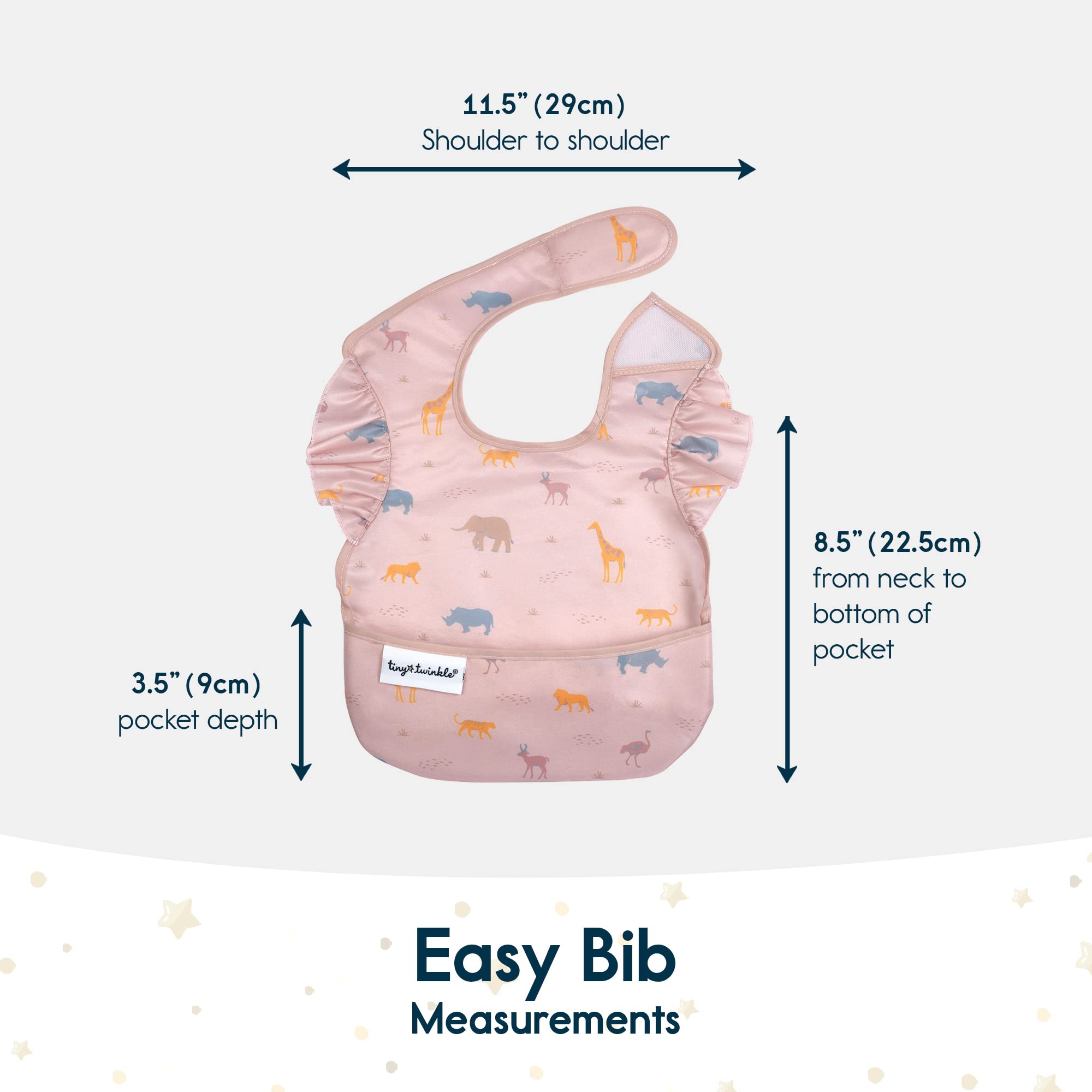 Tiny Twinkle Safari bib deep pocket open for crumb collection
