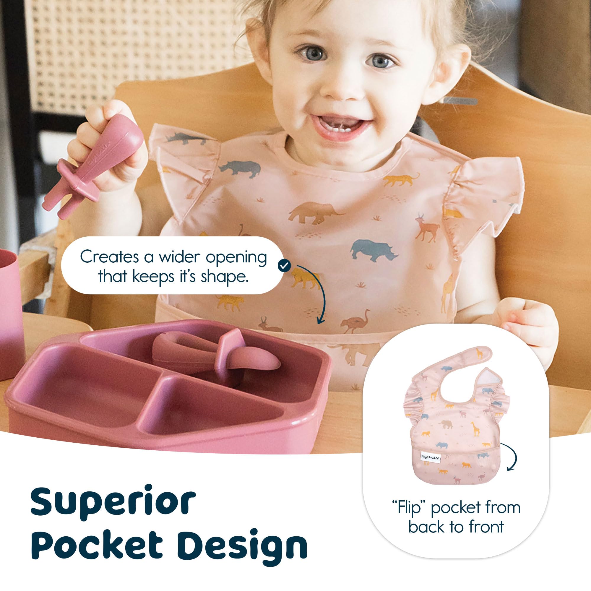 Tiny Twinkle Safari bib wipe-clean action shown during messy feeding