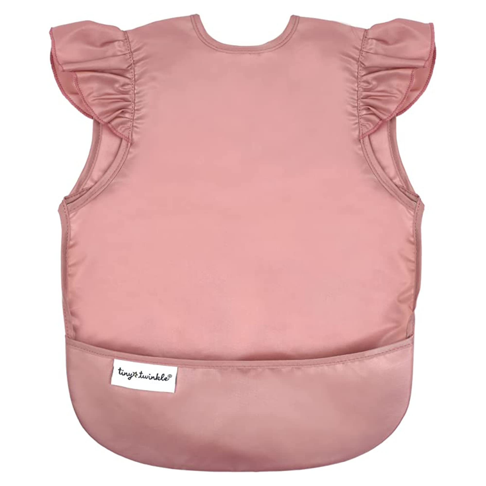 Tiny Twinkle mess-proof bib taupe on child during feeding to prevent spills
