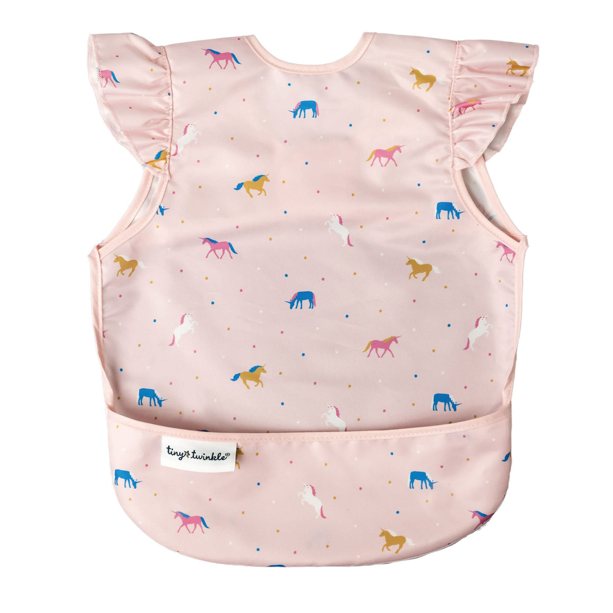Tiny Twinkle unicorn confetti bib front view shows waterproof protection during meals.