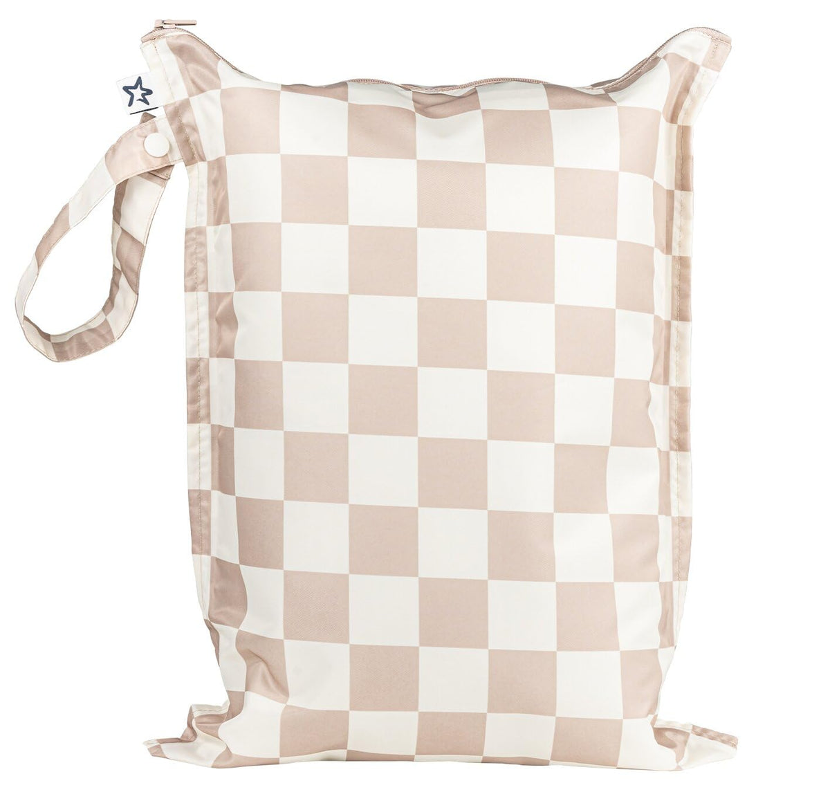 Tiny Twinkle Mess-Proof Wet Bag front view in beige checkers showing portable design