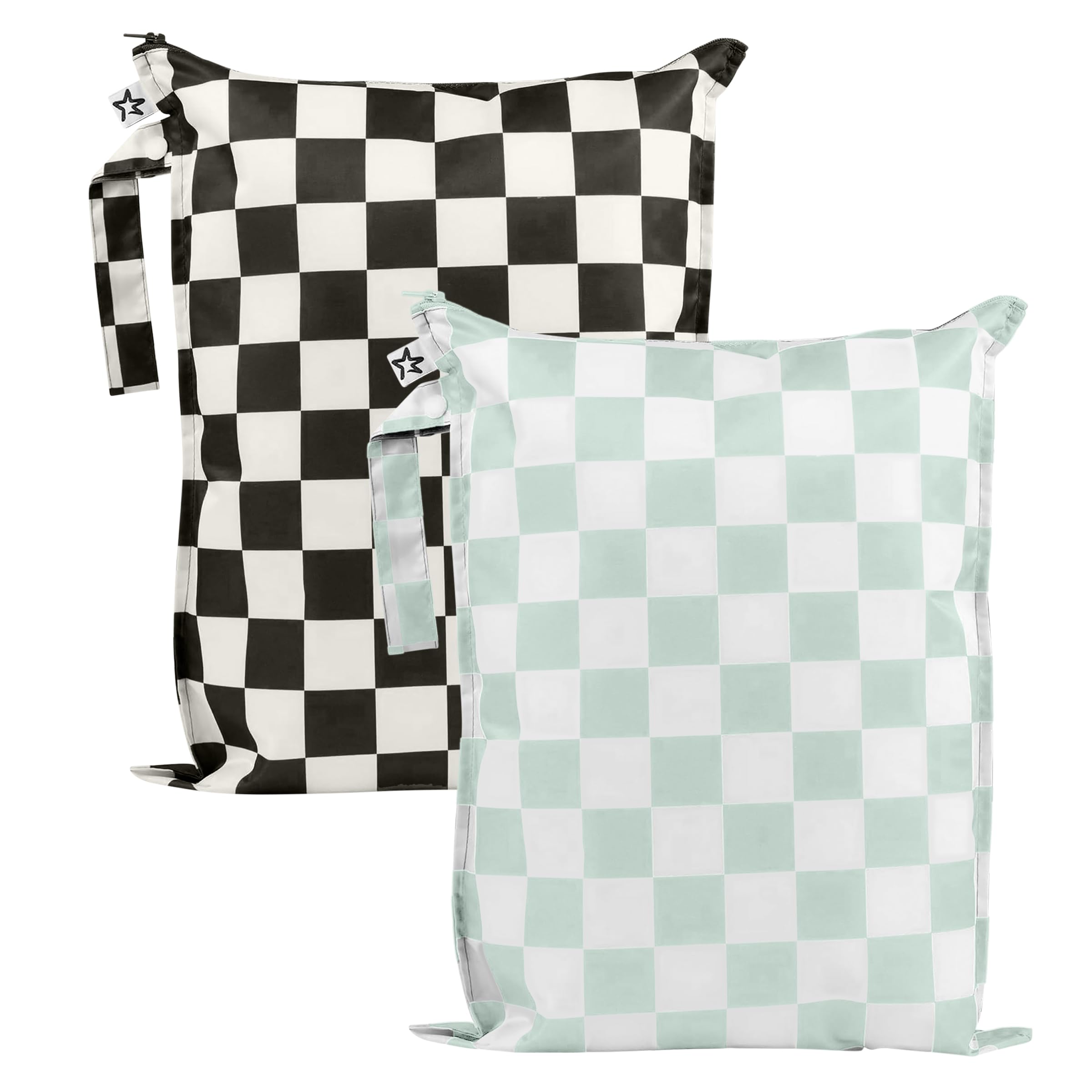 Tiny Twinkle Mess Proof Wet Bag folded in black with green checkers showing compact storage
