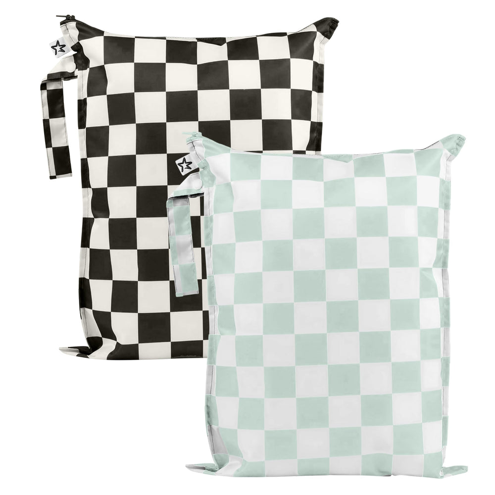 Tiny Twinkle Mess Proof Wet Bag folded in black with green checkers showing compact storage
