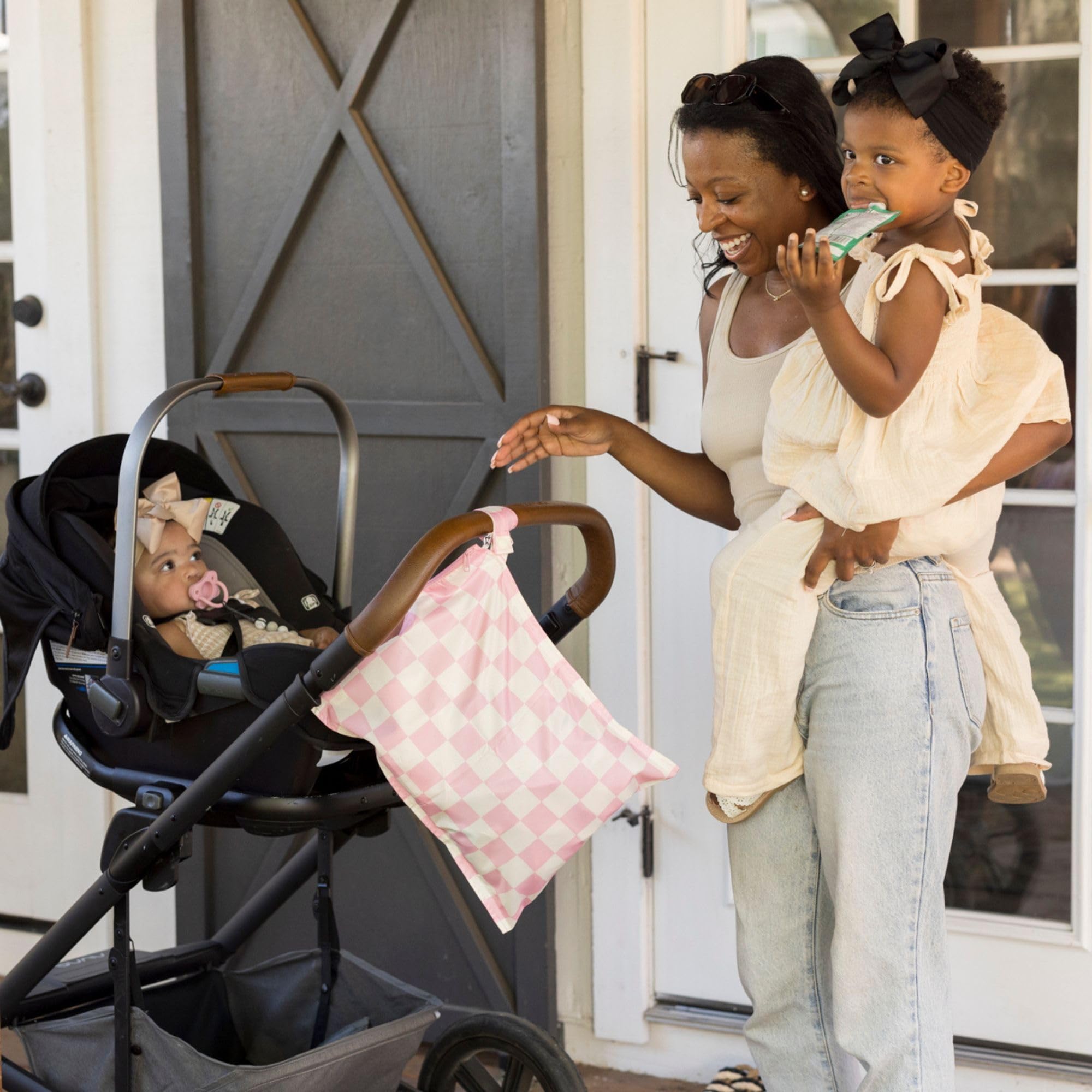 Stylish Tiny Twinkle Mess-Proof Wet Bag in pink-brown-checkers for everyday use