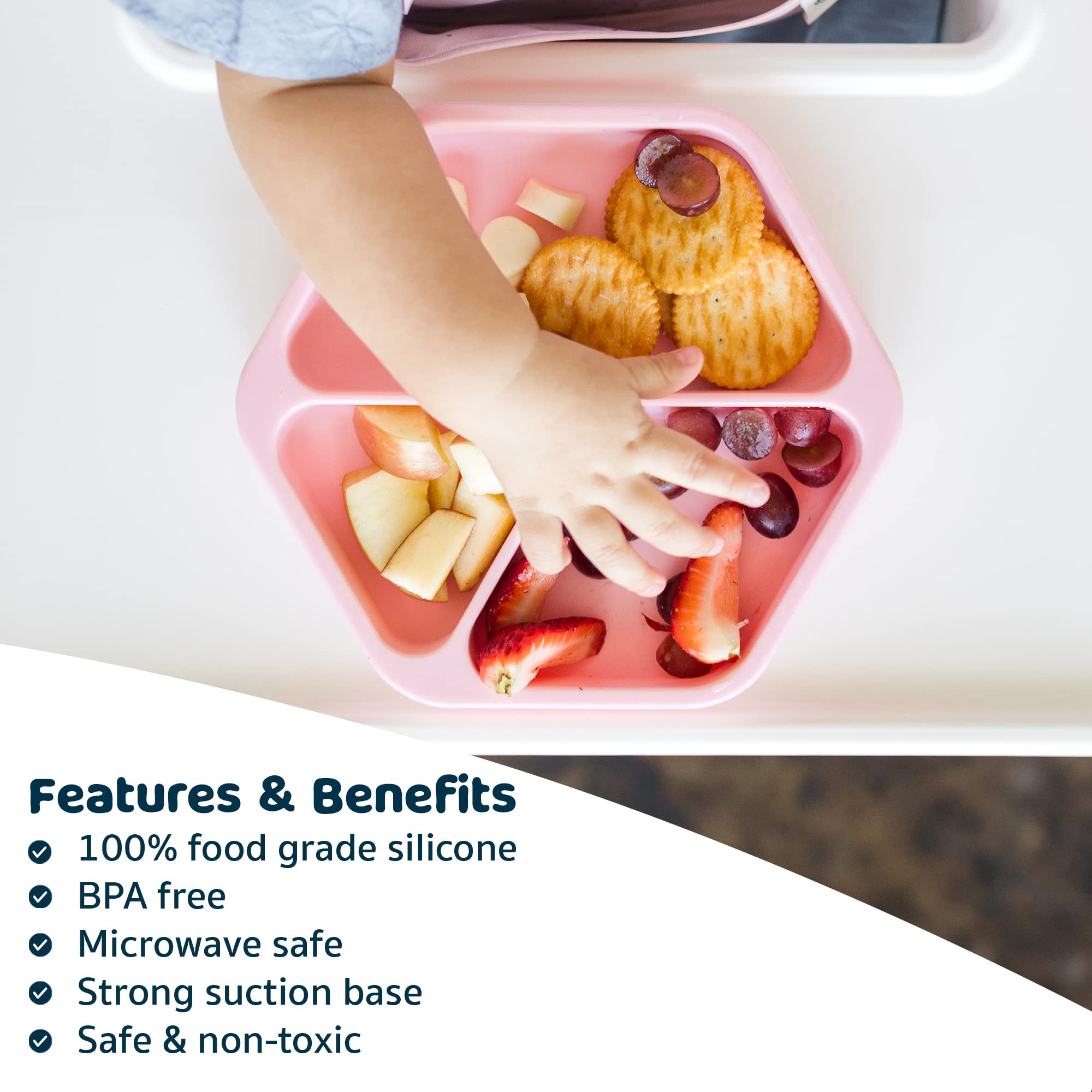 Tiny Twinkle rose plate’s strong suction reduces tipping during self-feeding.