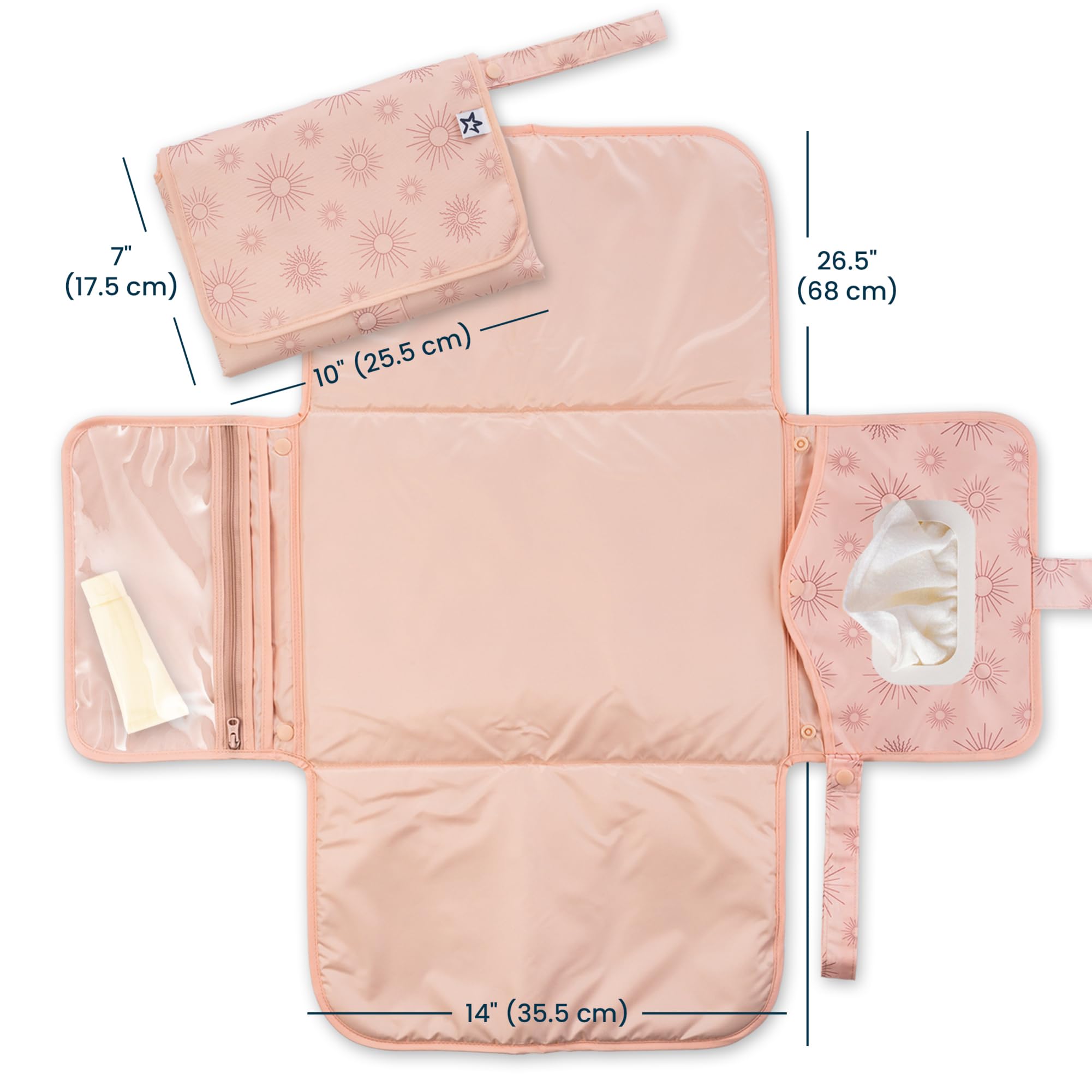 Tiny Twinkle portable changing pad open with wipes pocket enables quick one-handed diaper changes.
