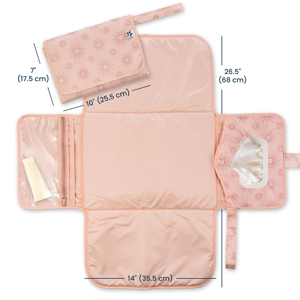 Tiny Twinkle portable changing pad open with wipes pocket enables quick one-handed diaper changes.