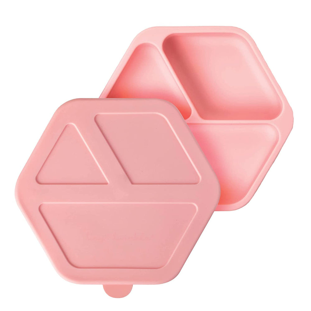 Tiny Twinkle rose silicone plate with suction base for mess-free feeding on flat surfaces.