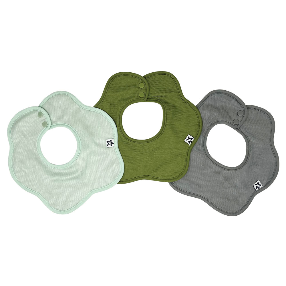 Tiny Twinkle Roundabout Drool Bibs Sage 3-pack on baby keeps outfits dry and stylish.