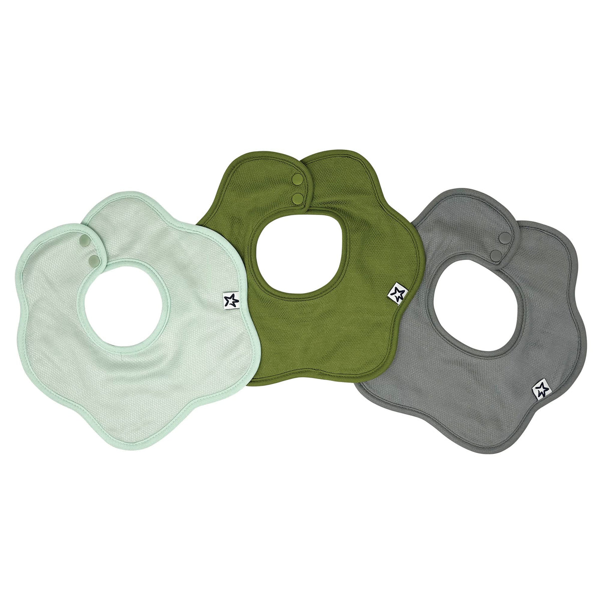Tiny Twinkle Roundabout Drool Bibs Sage 3-pack on baby keeps outfits dry and stylish.