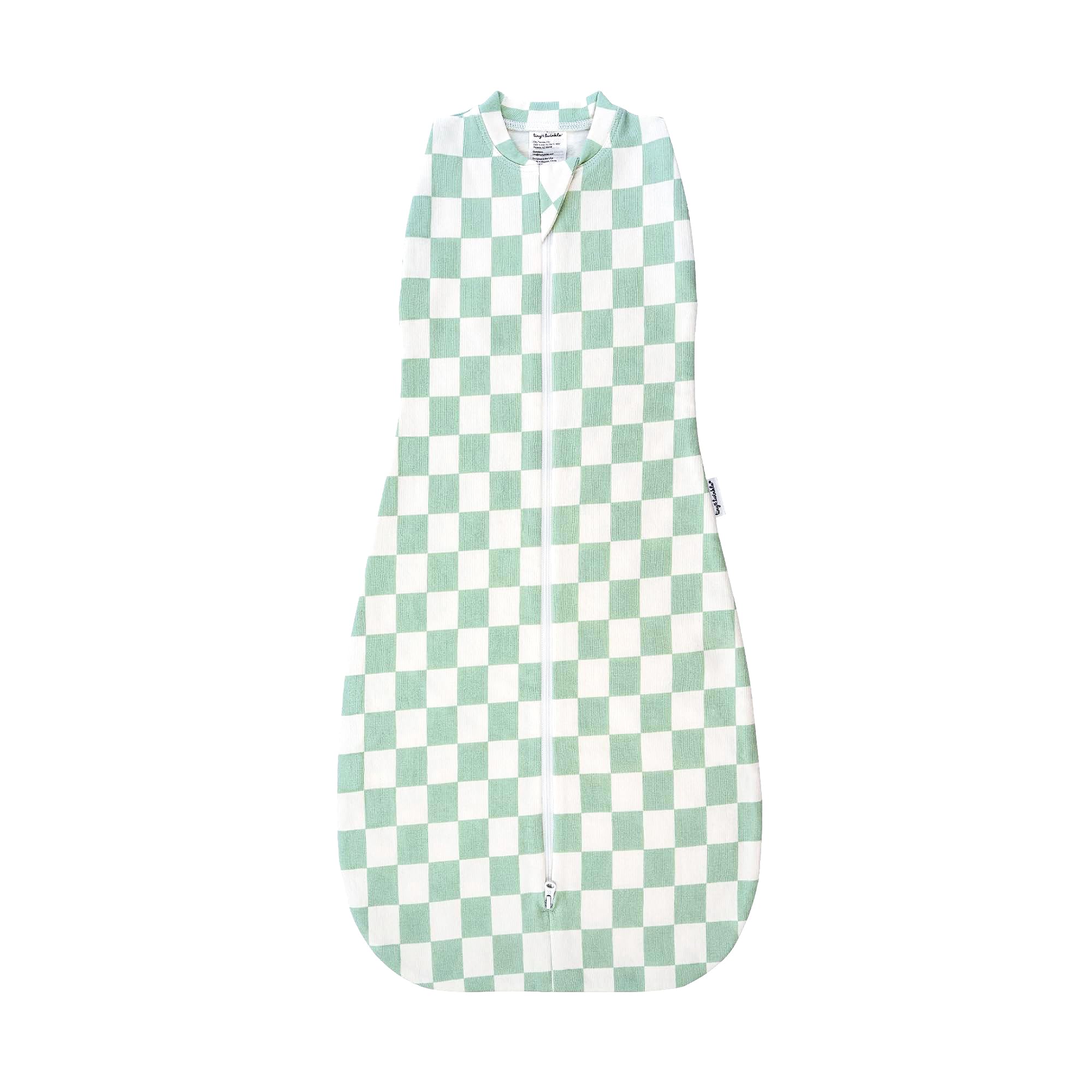 Tiny Twinkle sleep sack sage checkers close-up showing secure swaddle transition.