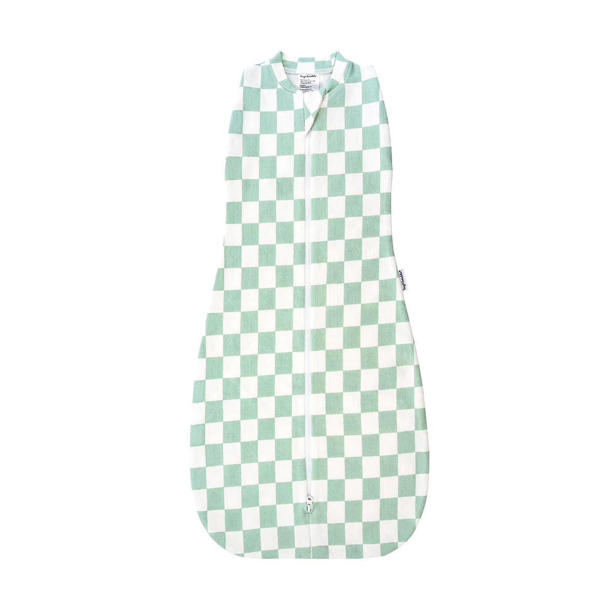 Tiny Twinkle sleep sack sage checkers close-up showing secure swaddle transition.