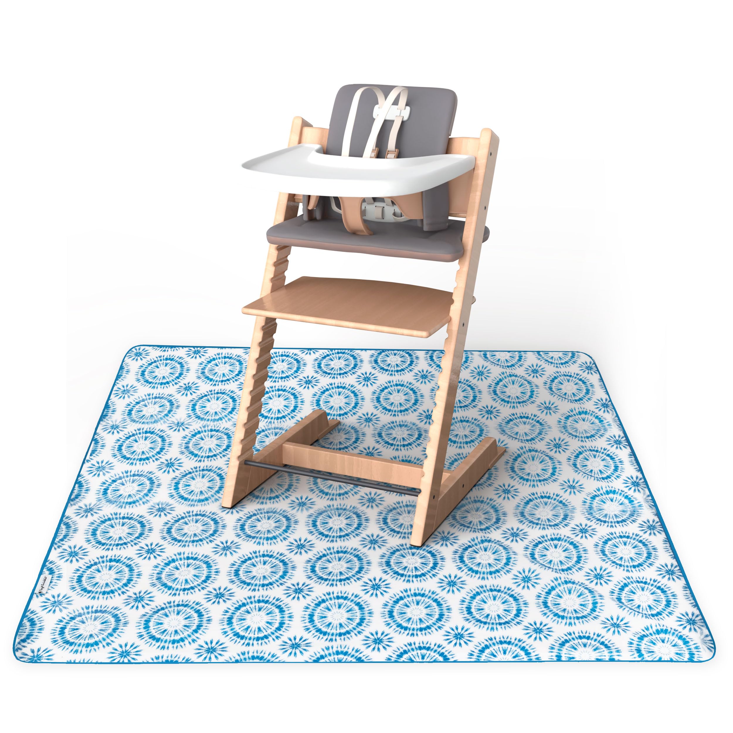 Tiny Twinkle Splat Mat under high chair provides full coverage for mealtime messes.