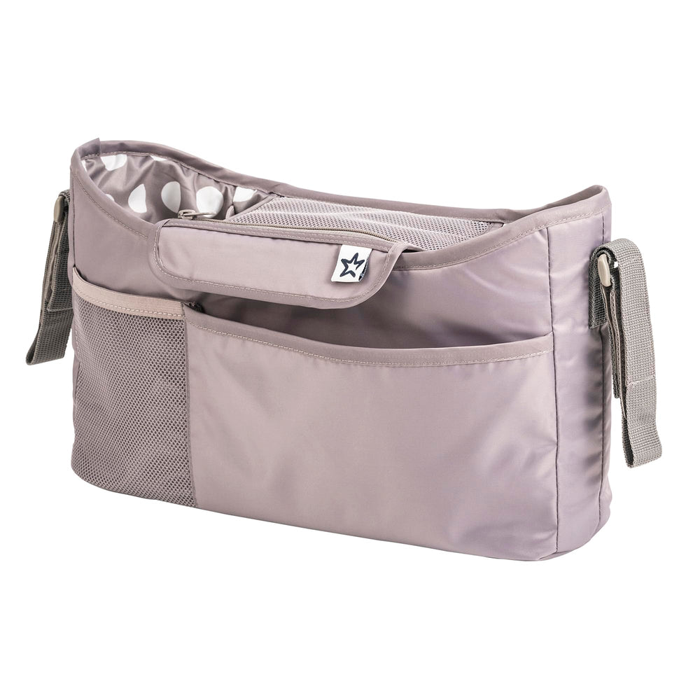 Tiny Twinkle stroller caddy close-up showing adjustable strap for versatile stroller fit.