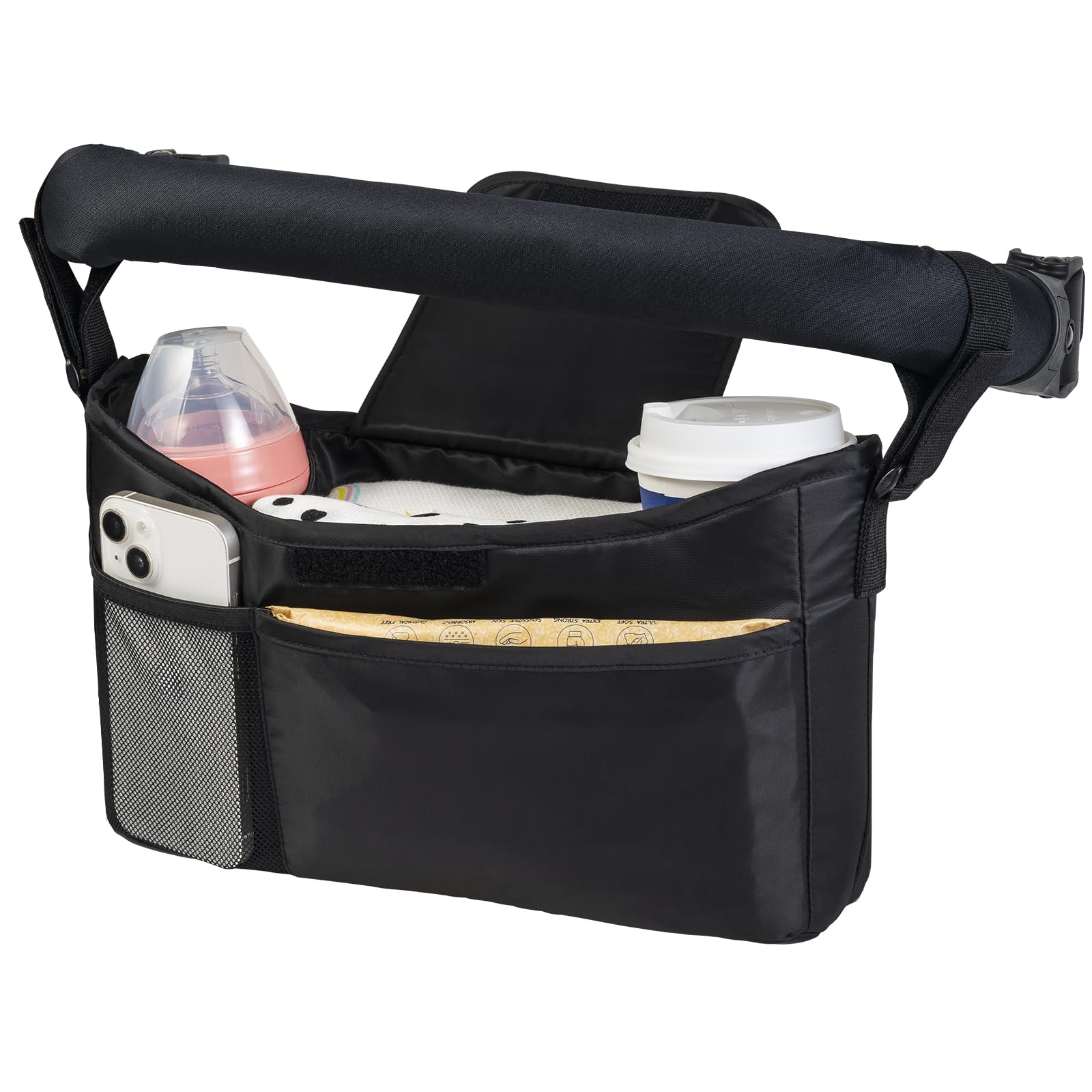 Tiny Twinkle stroller organizer in black with adjustable strap for easy travel organization.