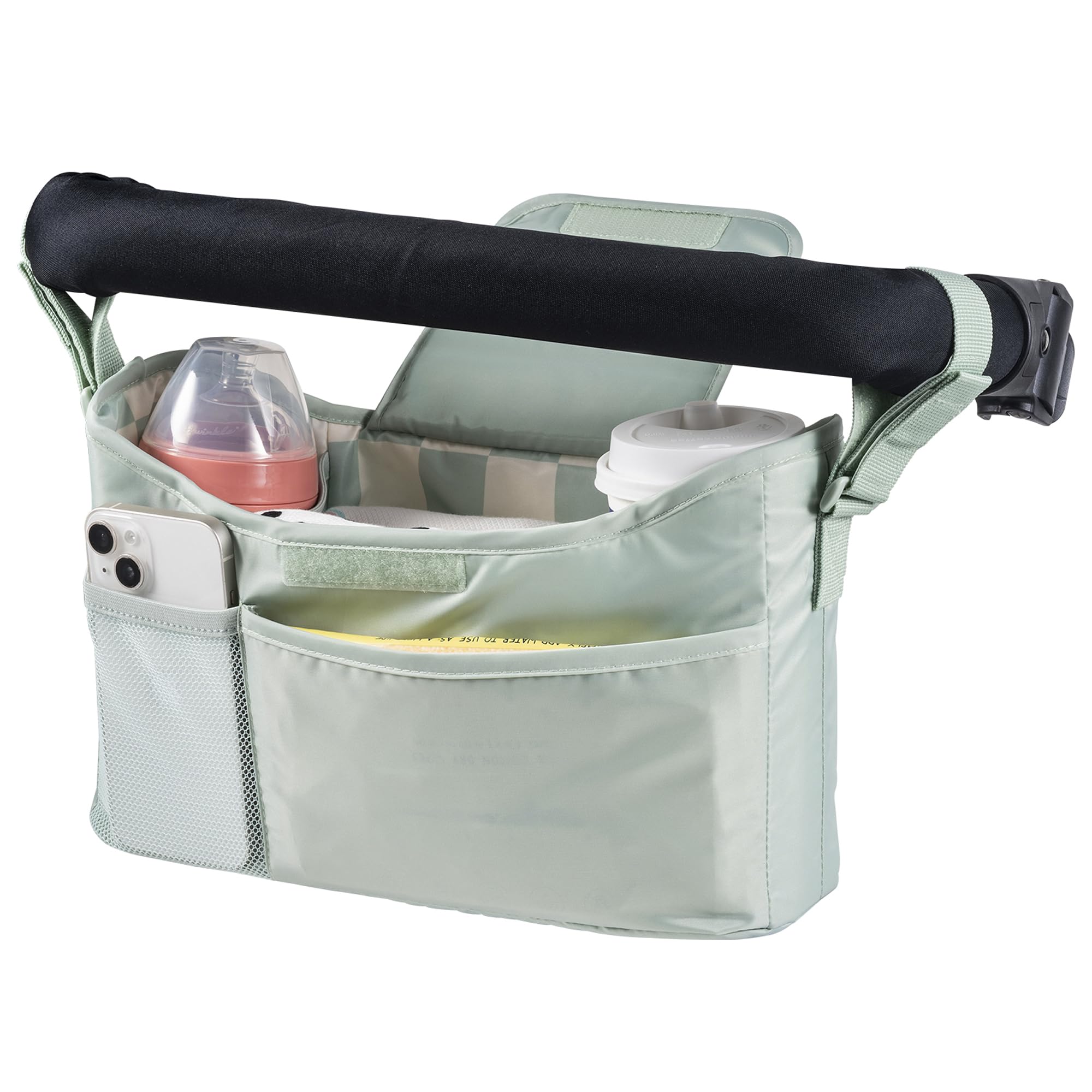 Tiny Twinkle stroller organizer in sage checkers, waterproof and ready for on-the-go essentials.