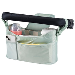 Tiny Twinkle stroller organizer in sage checkers, waterproof and ready for on-the-go essentials.