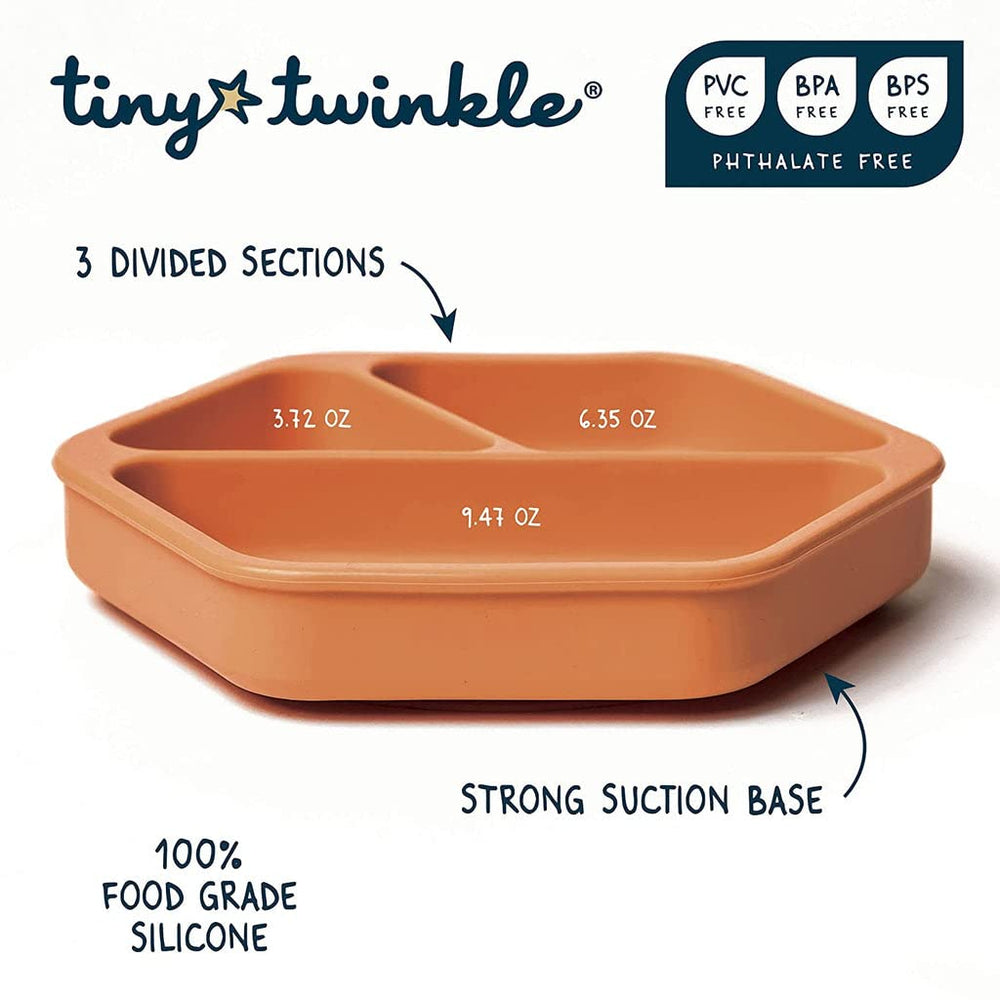 Tiny Twinkle suction-divided plate supports portioning during picky-eater meals.