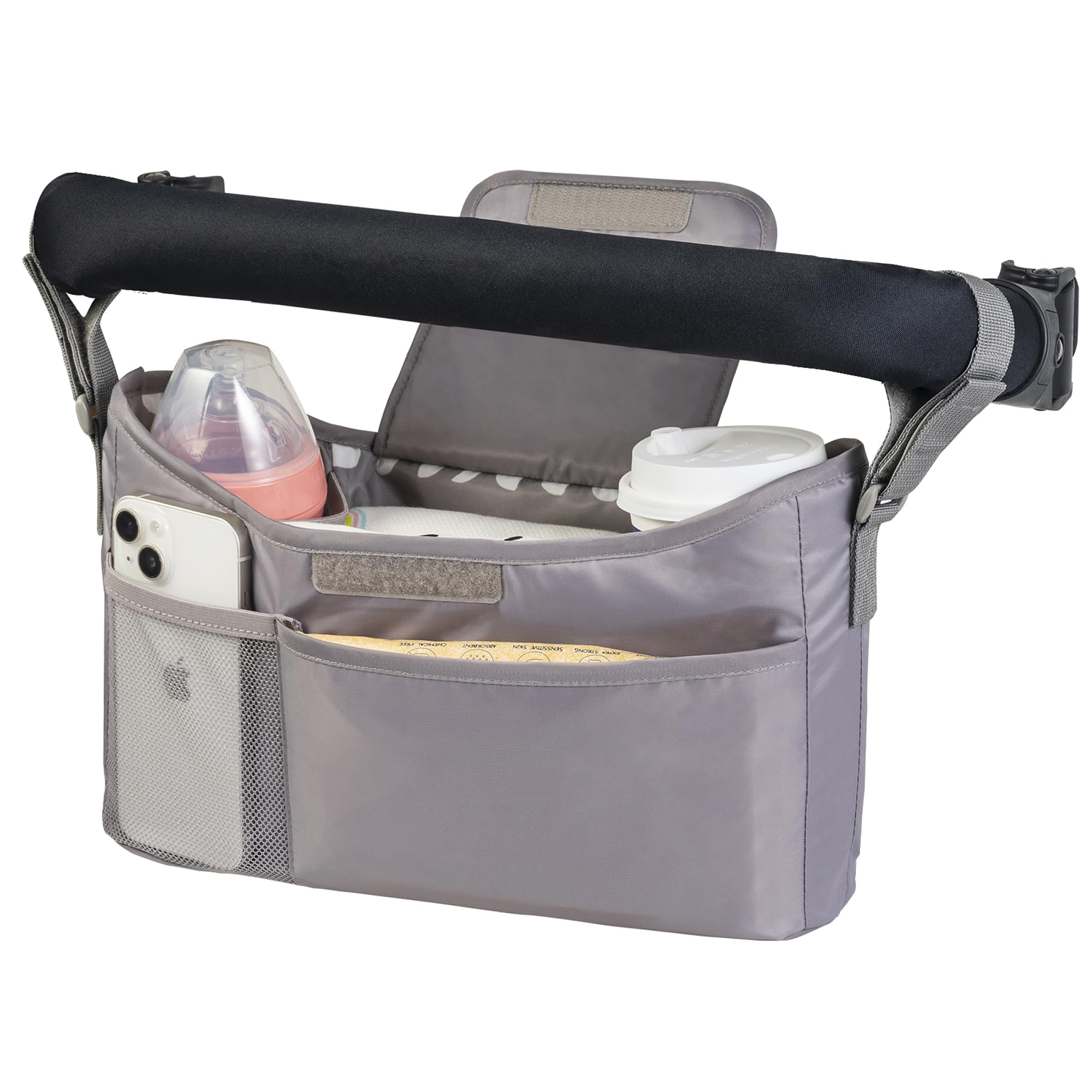 Tiny Twinkle universal stroller organizer side view with adjustable straps for secure attachment.